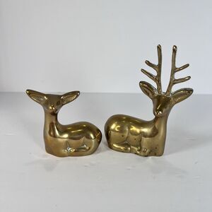 Buck & Deer Sitting Solid Brass Figurines Vintage Book Case Decor, Mantle Decor